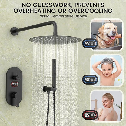 Round Shower Faucet Set with Hydro Power Temperature Display, Shower System Bathroom 10 Inch Shower Head with Handheld Spray, Wall Mounted Shower Fixtures with Shower Valve and Trim Kit, Matte Black