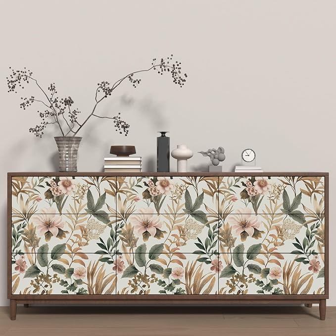 Vintage Floral Peel and Stick Wallpaper Pink Green Gold Botanical Contact Paper Vinyl Self Adhesive Removable Retro Leaf Wall Mural for Living Room Walls Cabinet Dresser Table Decor 17.5" x 118"
