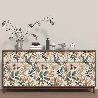 Vintage Floral Peel and Stick Wallpaper Pink Green Gold Botanical Contact Paper Vinyl Self Adhesive Removable Retro Leaf Wall Mural for Living Room Walls Cabinet Dresser Table Decor 17.5" x 118"