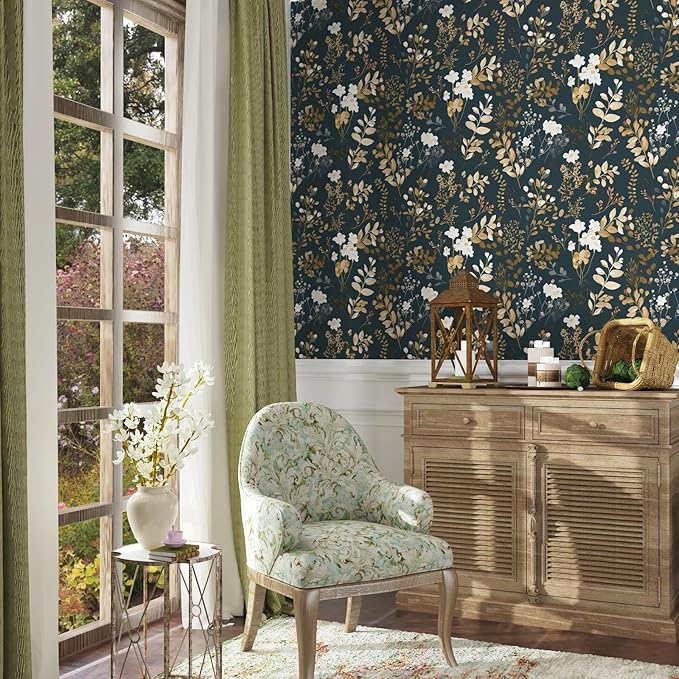 Laatse Navy Floral Wallpaper Peel and Stick Boho Wallpaper Vintage Blue/Gold Leaf Contact Paper Waterproof Self Adhesive Modern Wall Paper for Cabinet Walls Kitchen 17.5in x393in
