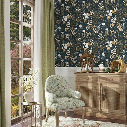 Laatse Navy Floral Wallpaper Peel and Stick Boho Wallpaper Vintage Blue/Gold Leaf Contact Paper Waterproof Self Adhesive Modern Wall Paper for Cabinet Walls Kitchen 17.5in x393in