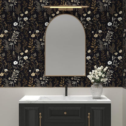 Extra Long Moody Floral Wallpaper Peel and Stick, 17.5In x 393In Black Dark Gold Botanical Removable Contact Paper for Bedroom Bathroom Kitchen Cubicle, Boho Flower Wall Paper Brown Taupe