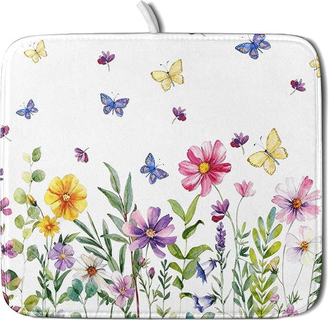 Wildflower Dish Drying Mat for Kitchen 18x16 Inch Colorful Floral Butterfly Drying Mat with Absorbent Reversible Microfiber Season Spring Dish Drainer Mats Rack Pad for Coffee Countertop Protector