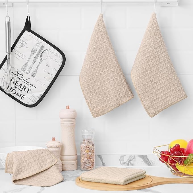 Homaxy Microfiber Waffle Weave Kitchen Dish Cloths, 12 x 12 Inch Ultra Absorbent and Solid Color Dish Towels for Kitchen Fast Drying Dishcloth for Washing Dishes, 8 Pack, Beige