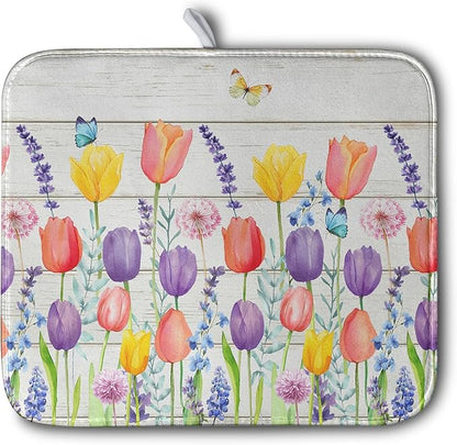 Tulip Floral Dish Drying Mat for Kitchen Counter Watercolor Spring Flower Dish Mat Absorbent Microfiber Dish Draining Mat Reversible Heat Resistant Dishes Pad Large 16 x 18 Inch