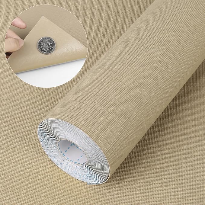 Self Adhesive Shelf Liner, Peel and Stick Drawer Liner Waterproof Contact Decor Liner with Grain Texture for Kitchen Walls Cabinets, Bedroom Classroom, Cover Book (Khaki, 17.5 x 118.1 inches)