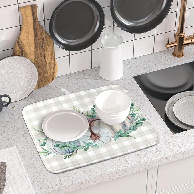 Fall Colorful Pumpkin Dish Drying Mat for Kitchen Counter,Green Leaves Drying Mat with Hanging Loop 16 x 18 Inch Microfiber Grey White Check Plaids Dish Drying Pad Dish Rack Drainer Mat for Coffee Bar