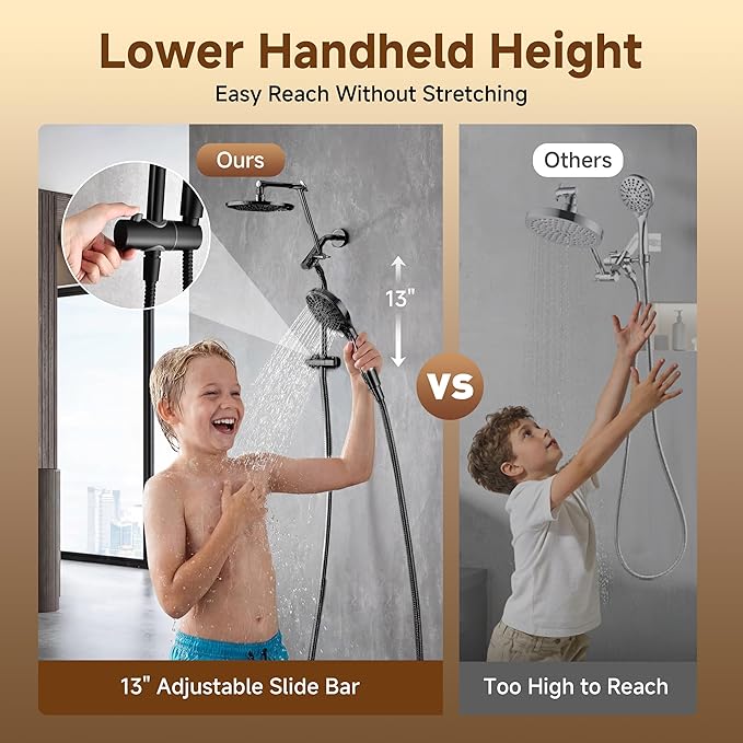 BRIGHT SHOWERS Rain Shower Head with Handheld Spray, High Pressure Dual Shower Head, Adjustable Extension Arm & Slide Bar, 9 Spray Modes Built-in Power Wash, 3-Way Diverter, 69" Hose, Matte Black