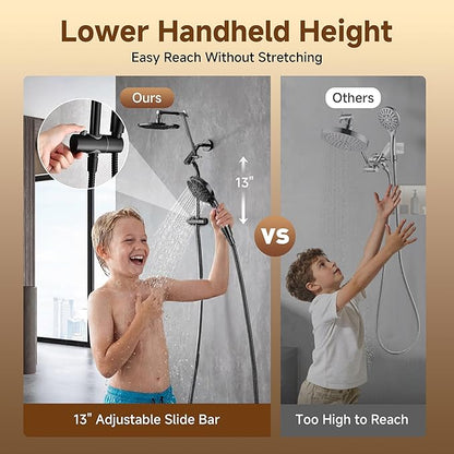 BRIGHT SHOWERS Rain Shower Head with Handheld Spray, High Pressure Dual Shower Head, Adjustable Extension Arm & Slide Bar, 9 Spray Modes Built-in Power Wash, 3-Way Diverter, 69" Hose, Matte Black