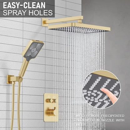 Thermostatic Shower System 13-Inch Rainfall Shower Head - 3 Setting Handheld Sprayer, Complete Bathroom Set with Faucet Mixer Trim Kit & Valve Brushed Gold