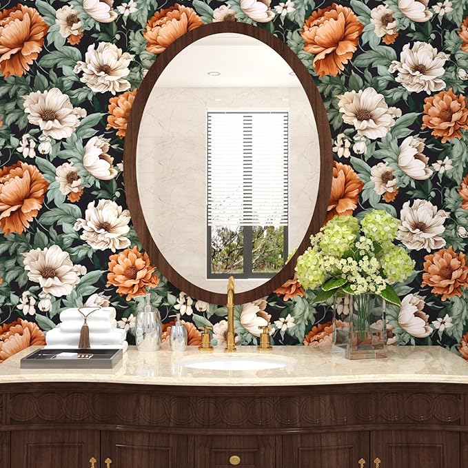 Floral Wallpaper Peel and Stick, Vintage Large Blooming Flowers Contact Paper 17.5" x 118", Retro Wall Paper Self Adhesive Removable Waterproof for Room Walls Shelves Cabinet Table (Orange, Green)