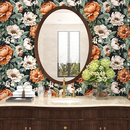Floral Wallpaper Peel and Stick, Vintage Large Blooming Flowers Contact Paper 17.5" x 118", Retro Wall Paper Self Adhesive Removable Waterproof for Room Walls Shelves Cabinet Table (Orange, Green)