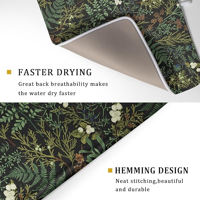 Black Sage Green Plant Dish Drying Pad 18 x 24 Inch with Absorbent Reversible Microfiber Vintage Botanical Fern Leaves Floral Drying Mats For Kitchen Counter Dining Room Decoration