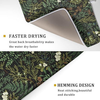 Black Sage Green Plant Dish Drying Pad 18 x 24 Inch with Absorbent Reversible Microfiber Vintage Botanical Fern Leaves Floral Drying Mats For Kitchen Counter Dining Room Decoration