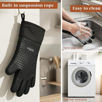 PrettyCare Extra Long 14in Silicone Oven Mitts, 2 Pcs Heat Resistant Waterproof Oven Gloves with Fingers, Non-Slip Cotton Lined Mitt for Baking, Grilling, Air Fryer & Kitchen Essentials, Gift for Men