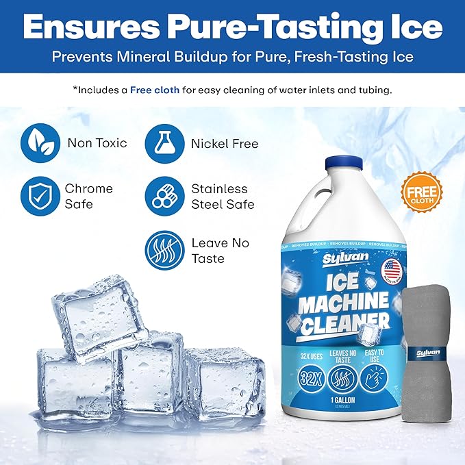 Sylvan Ice Machine Cleaner and Descaler | 1 Gal. (32 uses) | Free Cloth | Made in USA | Nickel Safe Ice Maker Cleaner and Descaler | Universal Compatibility for Commercial & Residential Ice Makers