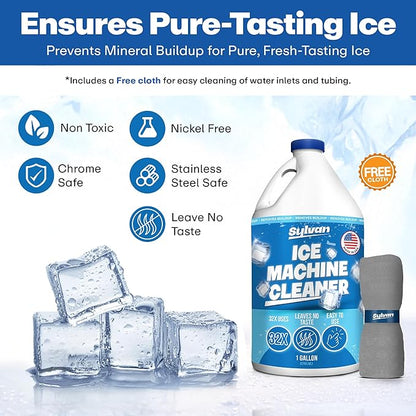 Sylvan Ice Machine Cleaner and Descaler | 1 Gal. (32 uses) | Free Cloth | Made in USA | Nickel Safe Ice Maker Cleaner and Descaler | Universal Compatibility for Commercial & Residential Ice Makers