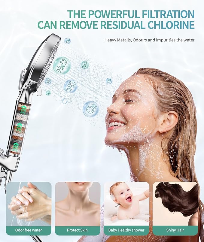 SR SUN RISE Filtered Shower Head with Handheld High Pressure 9 Spray Mode Showerhead Detachable Shower Head Water Softener Filters Beads for Hard Water Remove Chlorine 4 Filters Chrome