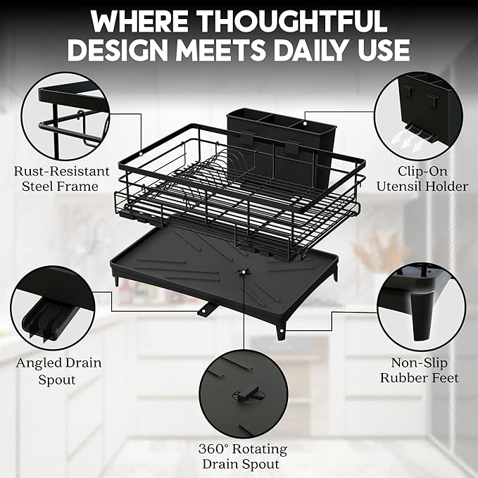 2 IN 1 Expandable Dish Drying Rack plus Sponge Organizer, Stainless Steel Drying Rack with Drainer Plate, Kitchen Countertop Organizer Space Saving Utensil Holder, Scratch Resistant and Rust-Proof