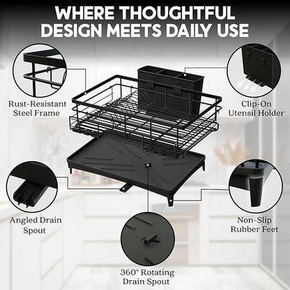 2 IN 1 Expandable Dish Drying Rack plus Sponge Organizer, Stainless Steel Drying Rack with Drainer Plate, Kitchen Countertop Organizer Space Saving Utensil Holder, Scratch Resistant and Rust-Proof