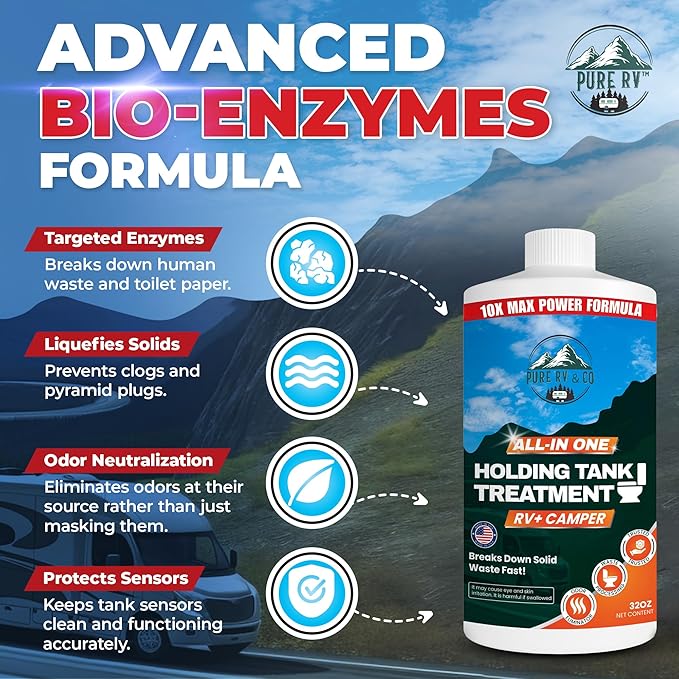 Holding Tank Treatment with 10X Max Power, Waste Digester and Odor Removal for RV Black Tank Cleaner, Septic & Sensor Safe, California Compliant & Advanced Bio-Enzyme Formula, (32oz)