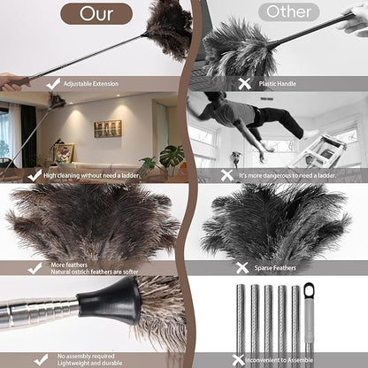 THARAHT Extendable Ostrich Feather Duster up to 16-47 inches Fluffy Feathers Long Handle Reusable for Cleaning Ceiling Fan Pendant lamp High Ceiling Blinds Furniture Feather Duster