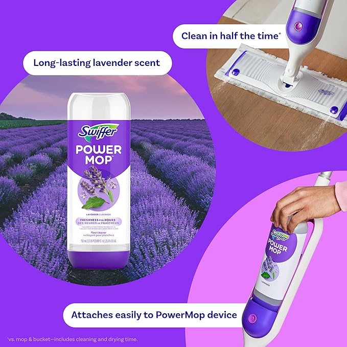 Swiffer Power Mop Refill, Floor Cleaner for Mopping Tile, Vinyl, Laminate, Wood in Home, Bathroom, Kitchen, All Purpose Multi-Surface Cleaning, 5 Pads + 1 Lavender Solution (Pack of 2)