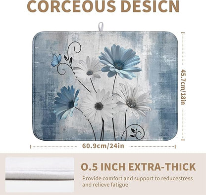 Dish Drying Mat for Kitchen Counter 18x24 Inch Blue Grey Daisy Drying Pads Rustic Vintage Floral Dish Dry Mat Microfiber Absorbent Farmhouse Dish Drainer Mat Flowers Dish Drainer Rack Mat