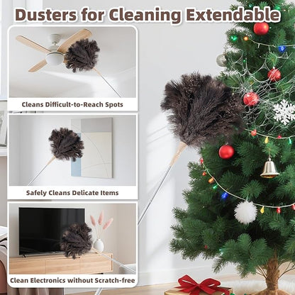 Ostrich Feather Dusters for Cleaning Kit - Reusable Soft Feather Duster Extendable to 49 inches for Cleaning Ceiling Fan, High Ceiling, Blinds & Retractable Small Duster for Keyboard, Car