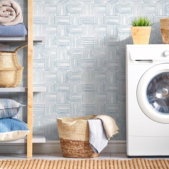 Modern Peel and Stick Wallpaper Light Blue Wallpaper 17.3" x 1200" Boho Abstract Geometric Contact Paper Waterproof Wall Paper for Bedroom Cabinets Furniture Vinyl