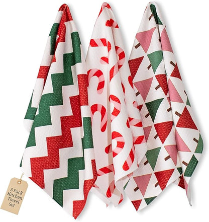 Christmas Kitchen Towels Set of 3 Candy Lane – Microfiber Waffle Weave Dish Towels 16x24, Super Absorbent & Lint-Free Holiday Kitchen Towels for Drying, Cleaning & Christmas Décor
