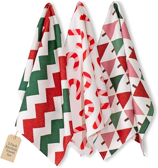 Christmas Kitchen Towels Set of 3 Candy Lane – Microfiber Waffle Weave Dish Towels 16x24, Super Absorbent & Lint-Free Holiday Kitchen Towels for Drying, Cleaning & Christmas Décor