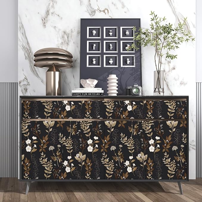 Fvlow Black Floral Peel and Stick Wallpaper 17.4" x 197" Vintage Dark Gold Leaf Contact Paper Waterproof Self-Adhesive Vinyl Wall Covering for Bedroom Bathroom Countertop Cabinets, Boho Wall Decor