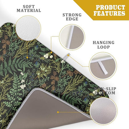 Black Sage Green Plant Dish Drying Pad 18 x 24 Inch with Absorbent Reversible Microfiber Vintage Botanical Fern Leaves Floral Drying Mats For Kitchen Counter Dining Room Decoration