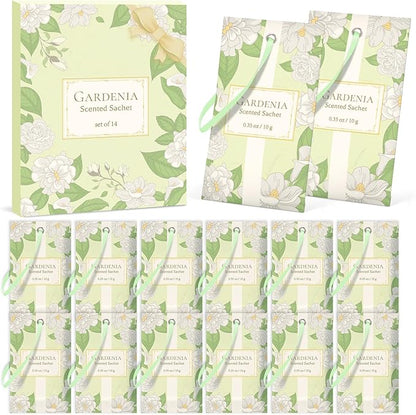 SCENTORINI Scented Sachets for Drawers and Closets, Gardenia Scent 14 Pack, Long-Lasting Sachets Bags, Closet Freshener Sachet for Wardrobe Freshener, Cupboard, Suitcases, Handbags