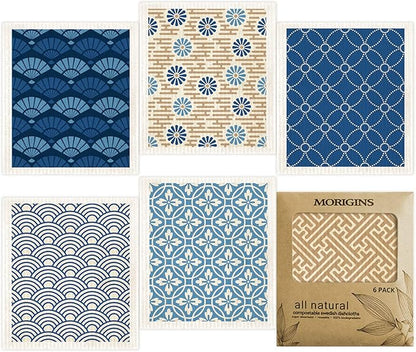 Morigins Wholesale Swedish Dish Cloths - 6 Pack Reusable Compostable Kitchen Cloth,Cellulose Sponge Dish Cloths Dish Towel Set (Japanese)