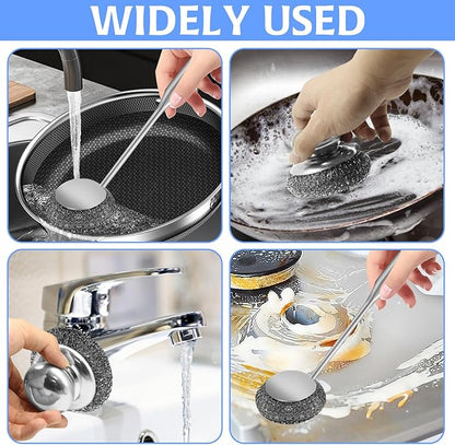 2Pcs Stainless Steel Wool Scrubber Sets, Dish Scrubber with Long Short Handle Stainless Steel Scrubber Cleaning Brush Metal Scrubber with Replacement, Steel Scrubber for Dishes Tableware Home Kitchen