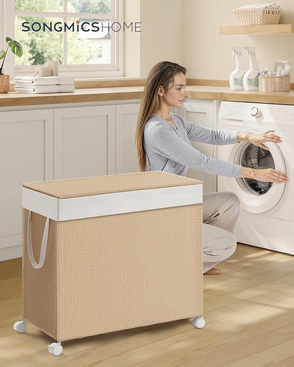 SONGMICS HOME Laundry Hamper with 3 Section, Large 140 L Rolling Laundry Basket with Wheels, Rattan Clothes Basket with Lid, Removable Liner with Handles, Natural Beige and Matte White ULCB602N01