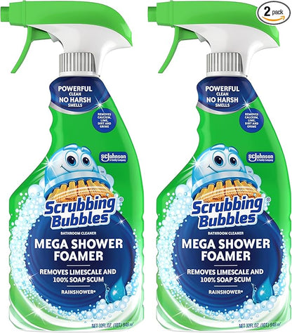 Scrubbing Bubbles Mega Bathroom and Shower Cleaner Spray, Foaming Action Removes Limescale and Soap Scum, Rainshower Scent, 32oz (Pack of 2)