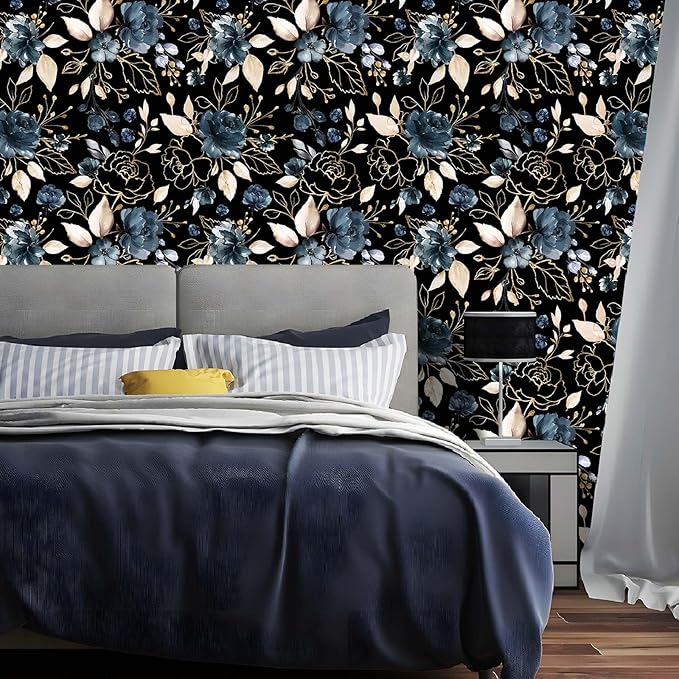 Black and Gold Floral Peel and Stick Wallpaper Self Adhesive Removable Thick Modern Dark Botanical Watercolor Navy Blue Flower Accent Wall for Bedroom Bathroom Renter Friendly 17.7"x118"