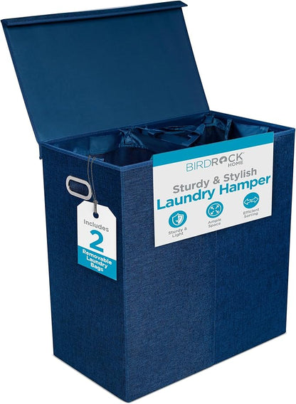 BIRDROCK HOME Laundry Hamper with Lid | Removable Bags for Sorting Clothes | Sectioned Laundry Basket for Bedroom & Bathroom | Collapsible Storage Bin with Cover | Double, Navy