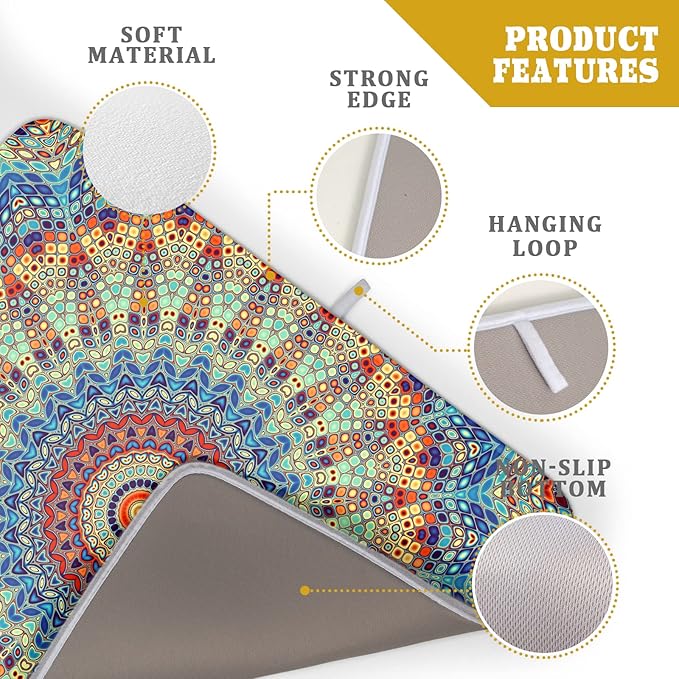 Bohemian Mandala Dish Drying Mat for Kitchen Counter Boho Ethnic Drying Mat 18 x 24 Inch with High Absorbent Reversible Microfiber Dish Drying Pad Dish Rack Pad Drainer Mat for Coffee Bar