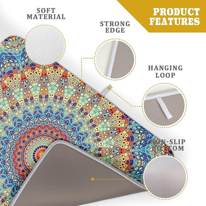 Bohemian Mandala Dish Drying Mat for Kitchen Counter Boho Ethnic Drying Mat 18 x 24 Inch with High Absorbent Reversible Microfiber Dish Drying Pad Dish Rack Pad Drainer Mat for Coffee Bar