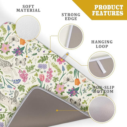 Spring Easter Dish Drying Mat for Kitchen Counter 18x24 Rabbit Bunny Green Pink Floral Vintage Print Absorbent Reversible Microfiber Drying Mats Kitchen Countertop Protector Dishes Drainer Rack Pad