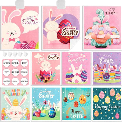 Easter Swedish Dishcloth Set of 10, Super Absorbent Swedish Kitchen Dish Cloths Reusable Paper Towels Cleaning Rags for Dishes Quick Drying, Easter Cute Bunny Rabbit Egg Prints Decorative Wipes
