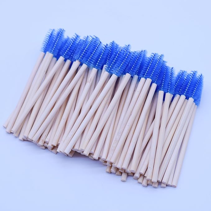 100 Pcs per Container Disposable Wood Mascara Wands, Bamboo Spoolies Brush for Eyelash Extensions, Spooly Eyebrow Brushes Lash Wand Applicator Stick (Blue)