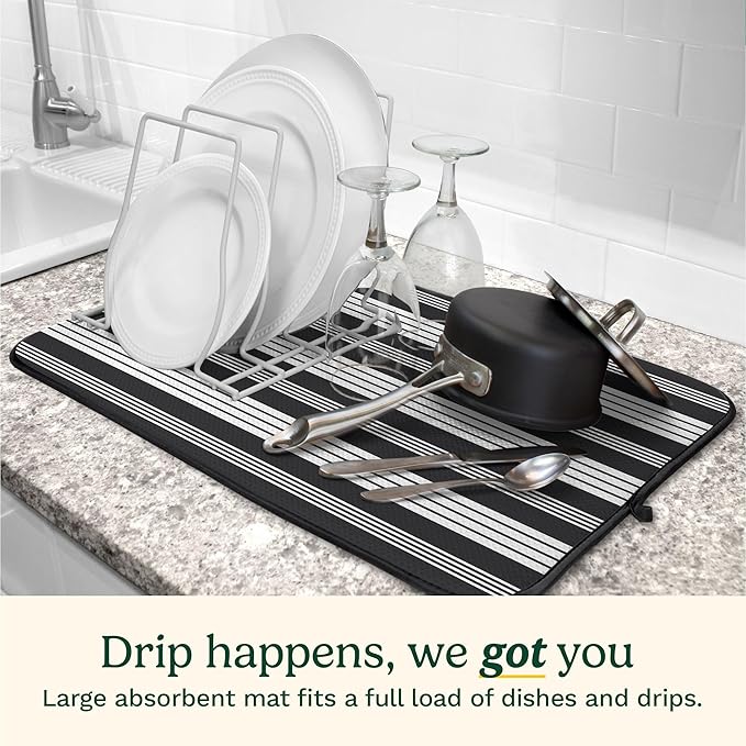 Cuisinart Dish Drying Mats for Kitchen Counter - (2) 16" x 18" Ultra Absorbent Kitchen Dish Drying Mat - Mesh Backing, Foldable, Machine Washable, Fast Drying Dish Mat (Solid Stripes)