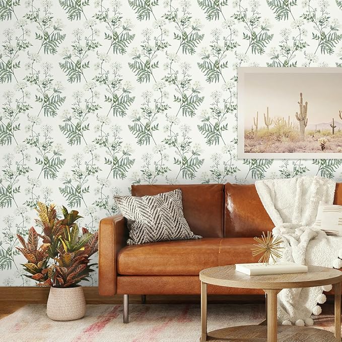Timeet Green Floral Wallpaper Peel and Stick Floral Leaf Contact Paper 16.14"x393.7" Green White Flower Wallpaper Removable Self Adhesive Wall Paper for Walls Covering