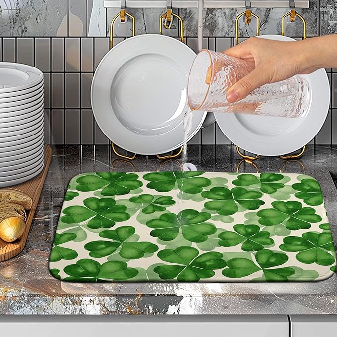Green Clover Shamrock Dish Drying Mats for Kitchen Counter 16x18 In Happy St. Patrick's Day Lucky Clovers Dish Drainer Mats Spring Sage Leaf Microfiber Drying Pad Dish Dryer Mat for Coffee Bar
