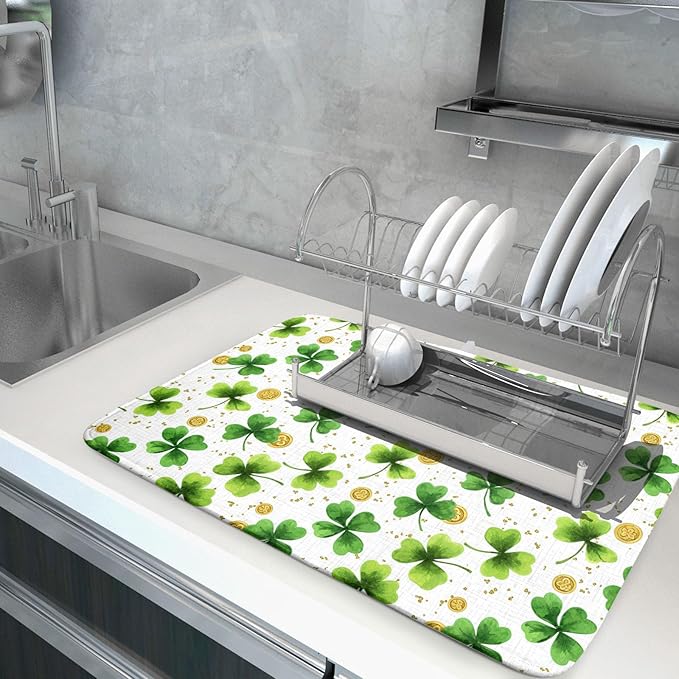 Green Shamrock St. Patrick's Day Dish Drying Mat 18 x 24 Inch With Absorbent Reversible Microfiber Lucky Clover Drying Spring Dish Drainer Mat Fast Dry For Kitchen Dining Room Decor
